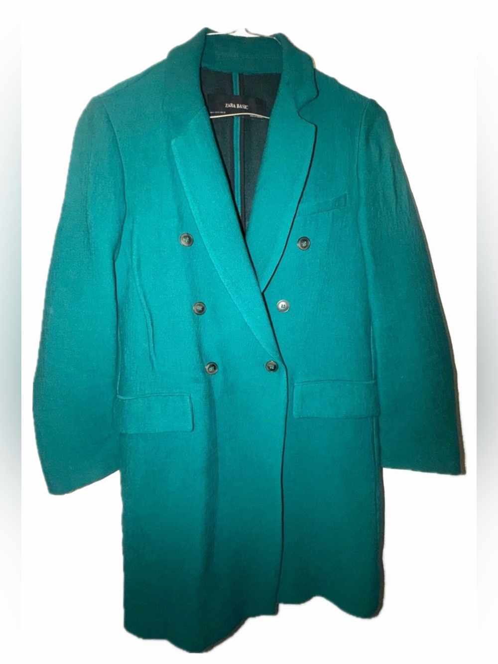Zara Teal Long Coat with Dark Blue Flare Jeans